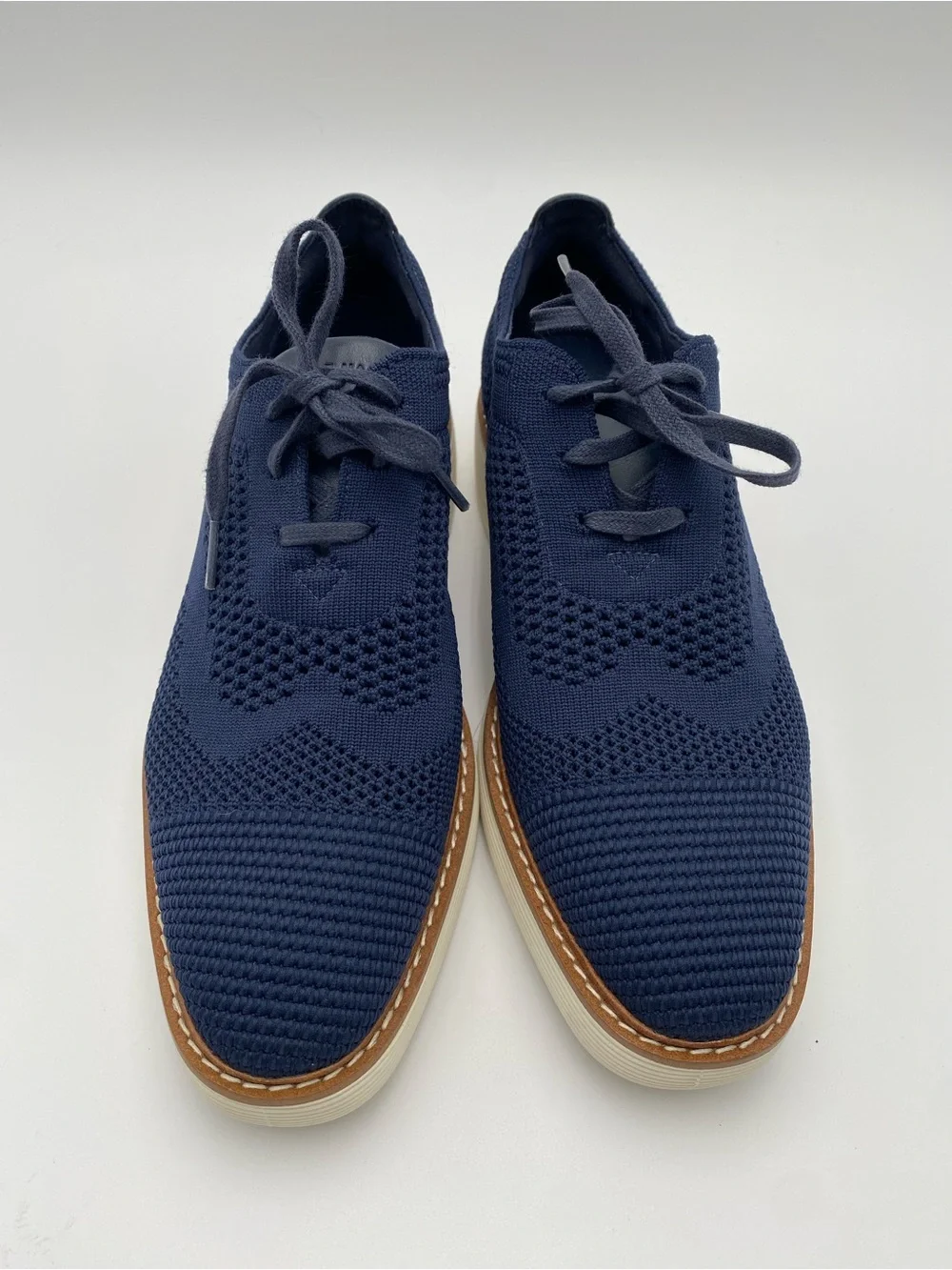 Cole Haan Navy Knit Lace-Up Oxfords with Tan Trim